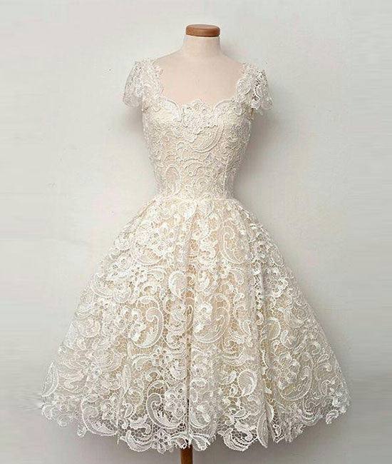 Cute white lace short prom dress, lace bridesmaid dress - RongMoon