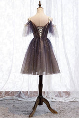Cute tulle short prom dress tulle lace gray homecoming dress - RongMoon