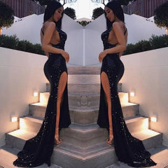 Backless Robe De Soiree Mermaid Sequins Sparkle Crstals Slit Sexy Long Prom Dresses Prom Gown Evening Dresses - RongMoon