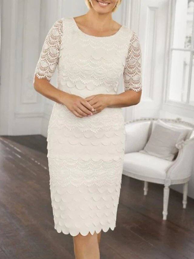 Sheath / Column Mother of the Bride Dress Elegant Jewel Neck Knee Length Chiffon Lace 3/4 Length Sleeve with Embroidery - RongMoon