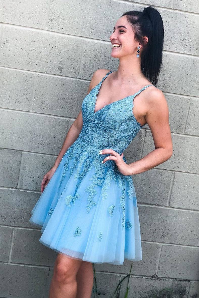 Blue tulle lace short prom dress, blue tulle lace homecoming dress - RongMoon