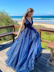 Dark blue v neck lace applique long prom dress lace evening dress - RongMoon