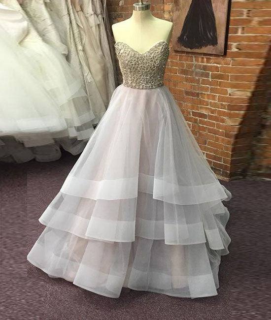 Unique sequin gray tulle prom dress, long gray evening dress - RongMoon