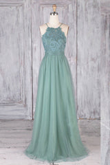 Green tulle lace long prom dress green lace evening dress - RongMoon