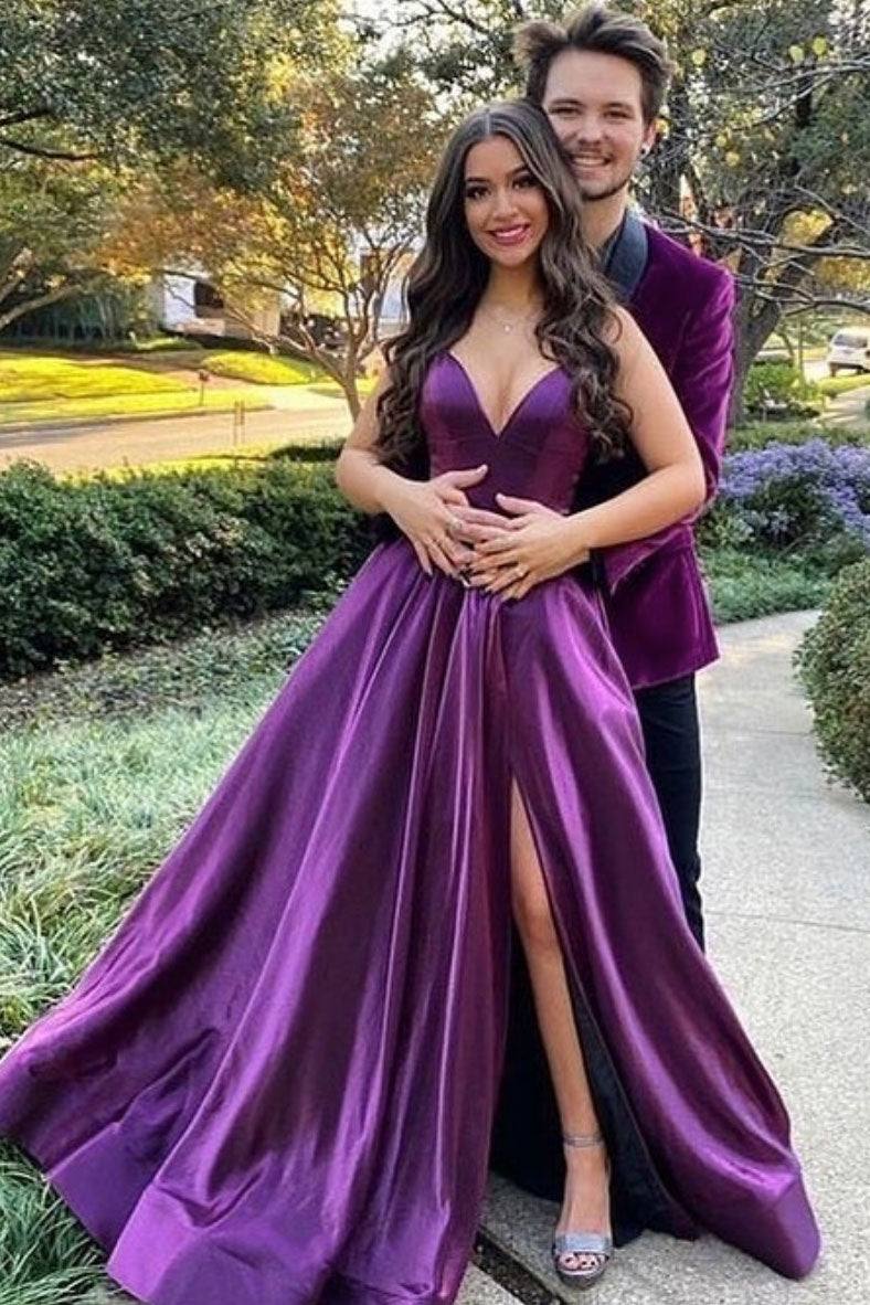 Simple purple v neck satin long prom dress purple formal dress - RongMoon