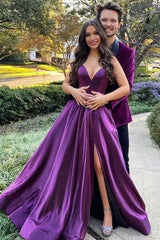 Simple purple v neck satin long prom dress purple formal dress - RongMoon