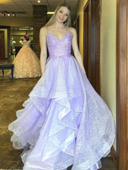 Purple v neck tulle lace long prom dress, purple evening dress - RongMoon