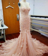 Pink sweetheart neck tulle mermaid long prom dress, wedding dress - RongMoon