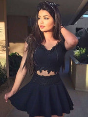 Black lace two pieces short prom dress, black lace homecoming dress - RongMoon