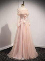 Pink round neck tulle lace long prom dress, pink lace bridesmaid dress - RongMoon
