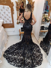 Black v neck lace mermaid long prom dress, black evening dress - RongMoon