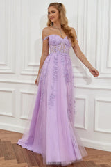 Off The Shoulder Lavender Appliques Prom Dress With Slit