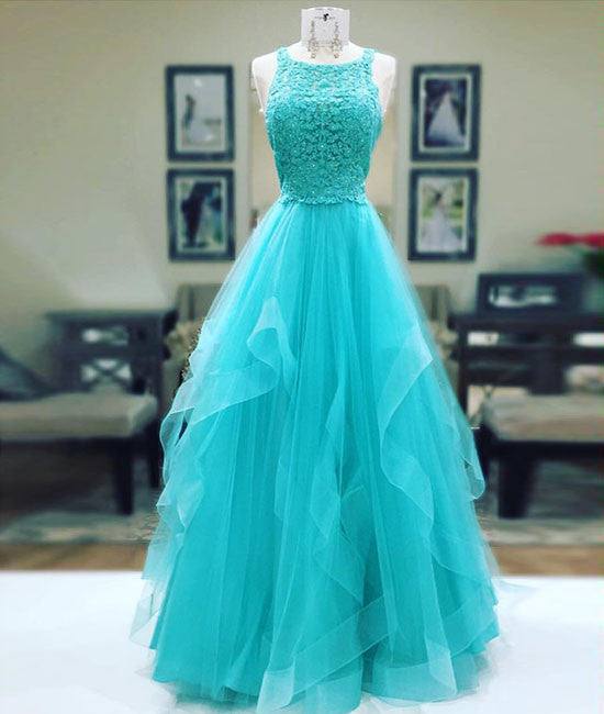Unique tulle lace long prom dress, tulle evening dress - RongMoon