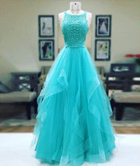 Unique tulle lace long prom dress, tulle evening dress - RongMoon