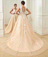 Champagne round neck tulle lace applique long prom dress, champagne evening dress - RongMoon
