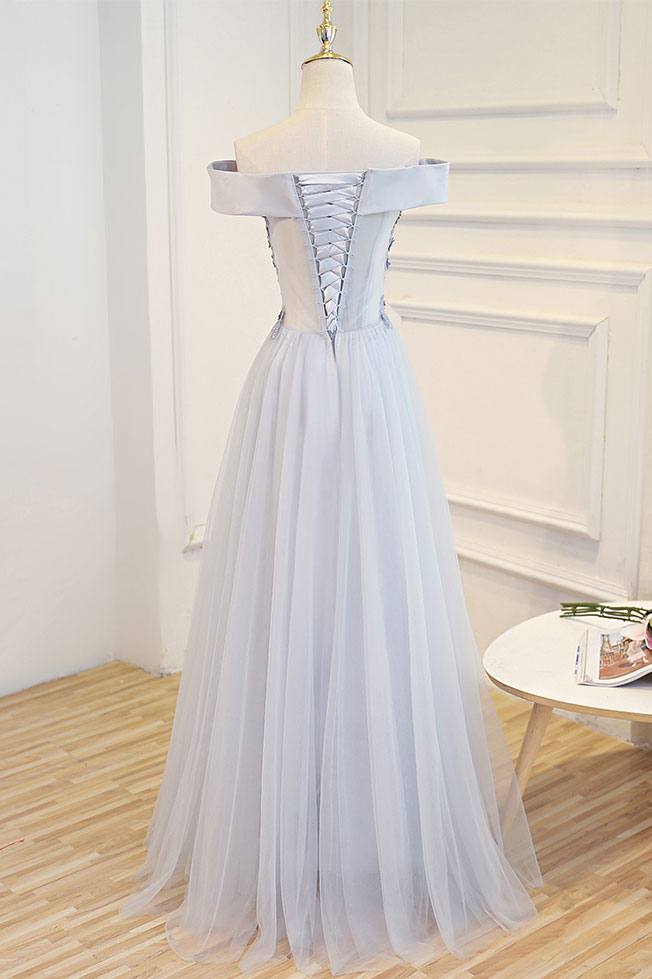 Gray tulle off shoulder lace long prom dress gray tulle formal dress - RongMoon