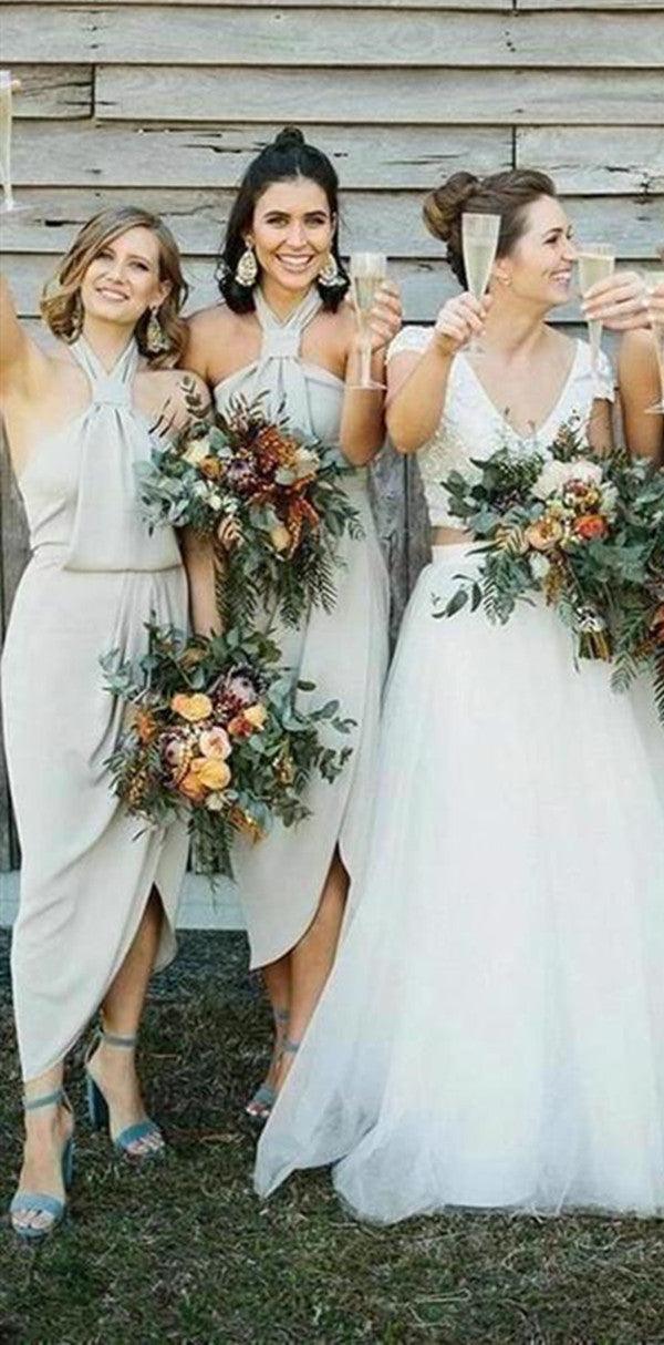 Unique Design Halter Wedding Bridesmaid Dresses, Slit Wedding Guest Dresses - RongMoon