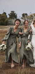 V-neck Long Sleeves Bridesmaid Dresses, 2020 Popular Bridesmaid Dresses, Wedding Guest Dresses - RongMoon