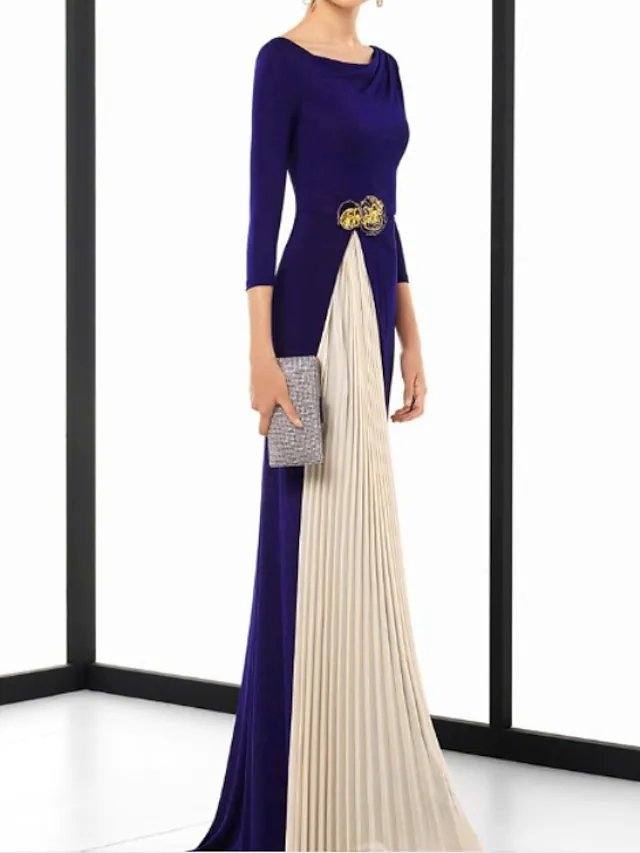 Sheath / Column Minimalist Elegant Wedding Guest Formal Evening Dress Jewel Neck 3/4 Length Sleeve Sweep / Brush Train Spandex Chiffon with Sash / Ribbon Pleats - RongMoon