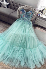 Green sweetheart tulle lace long prom dress green evening dress - RongMoon
