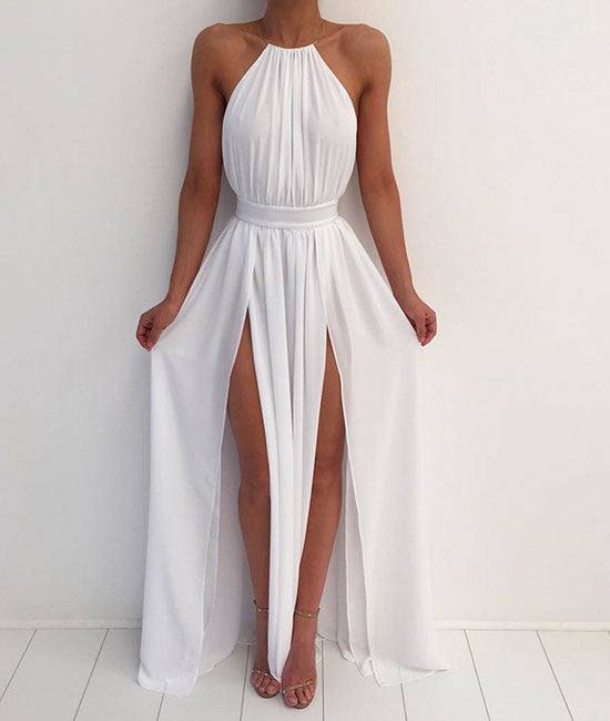Simple white A-line backless long prom dress, evening dress - RongMoon