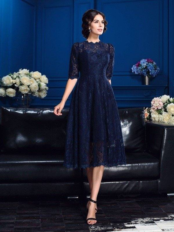 A-Line/Princess Jewel Lace 1/2 Sleeves Short Lace Mother of the Bride Dresses - RongMoon