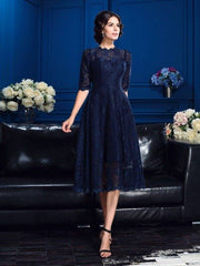 A-Line/Princess Jewel Lace 1/2 Sleeves Short Lace Mother of the Bride Dresses - RongMoon