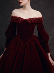 Burgundy velvet beads long prom dress, burgundy evening dress - RongMoon