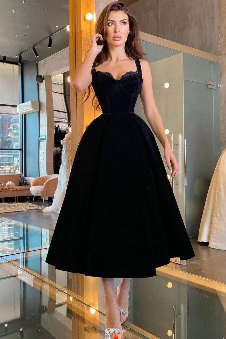 Black sweetheart velvet prom dress tea length black evening dress - RongMoon