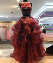 Burgundy two pieces organza long prom dress, evening dress - RongMoon