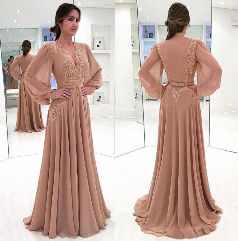 Muslim Evening Dresses A-line V-neck Long Sleeves Chiffon Lace Islamic Dubai Saudi Arabic Long Formal Evening Gown - RongMoon