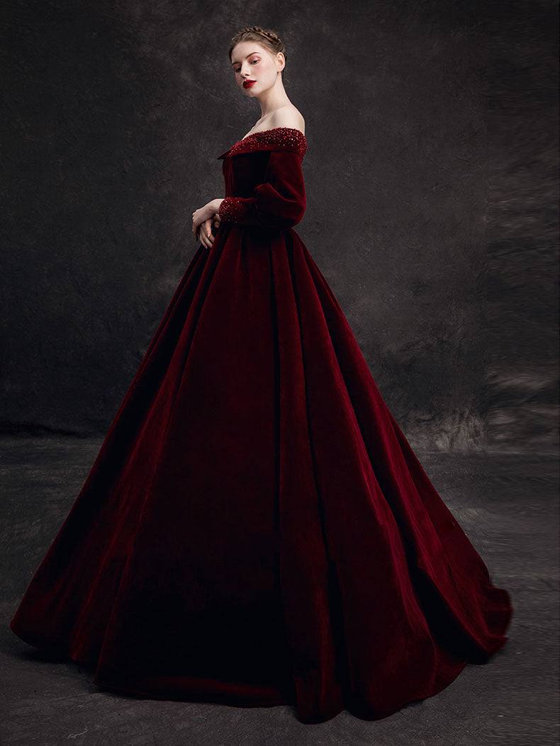 Burgundy velvet beads long prom dress, burgundy evening dress - RongMoon
