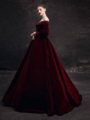 Burgundy velvet beads long prom dress, burgundy evening dress - RongMoon