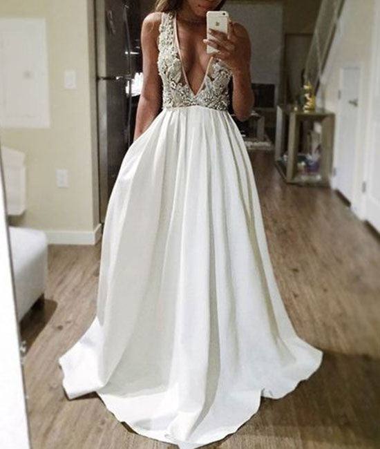 White v neck sequin beaded long prom dress, white evening dress - RongMoon
