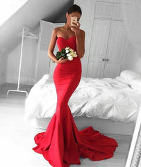 Simple sweetheart neck mermaid satin long prom dress, evening dress - RongMoon