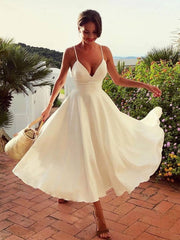 Simple V Neck White Prom Dress, Tea Length Saint Formal Wedding Party Dress - RongMoon