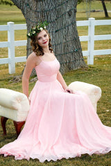 Simple sweetheart pink chiffon long prom dress pink bridesmaid dress - RongMoon