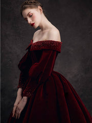 Burgundy velvet beads long prom dress, burgundy evening dress - RongMoon