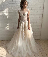 Champagne round neck tulle lace long prom dress, champagne evening dress - RongMoon