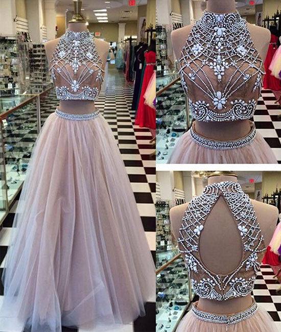 Champagne Tulle beaded 2 Pieces Long Prom Dresses, Formal Dresses - RongMoon