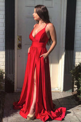 Red satin mermaid long prom dress red long formal dress - RongMoon