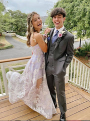 Light purple tulle lace long prom dress purple evening dress - RongMoon