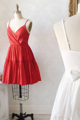 Simple satin red short prom dress red cocktail dress - RongMoon