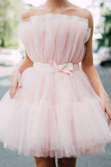 Pink tulle short prom dress short pink homecoming dress - RongMoon