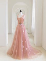 Simple v neck pink tulle long prom dress, pink evening dress - RongMoon