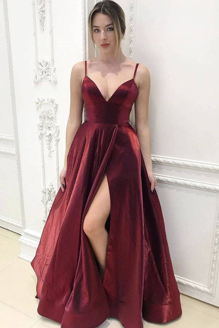 Simple v neck burgundy long prom dress evening dress - RongMoon