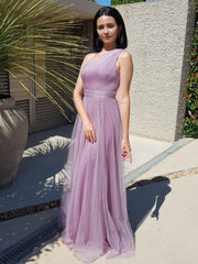 Simple purple tulle one shoulder long prom dress, purple evening dress - RongMoon