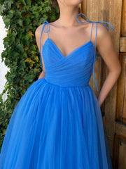 Simple v neck blue tulle short prom dress, blue homecoming dress - RongMoon
