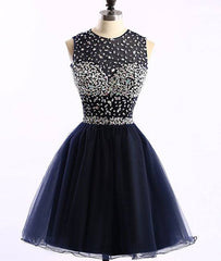 Dark blue tulle short prom dress, cute homecoming dress - RongMoon