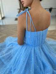 Blue tulle tea length prom dress, blue tulle formal dress - RongMoon